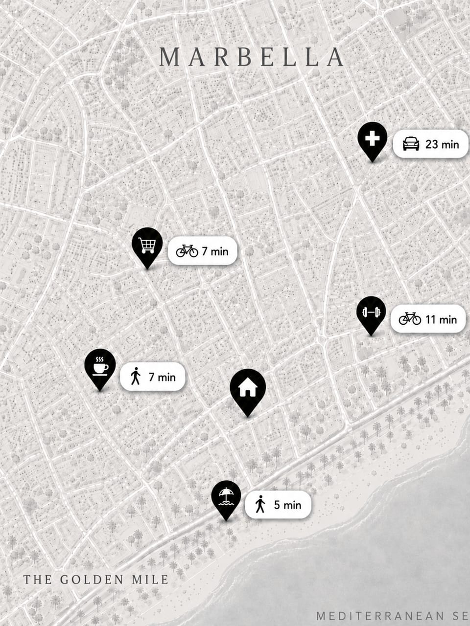 Monochrome map of Marbella showing travel-time pins around a stay